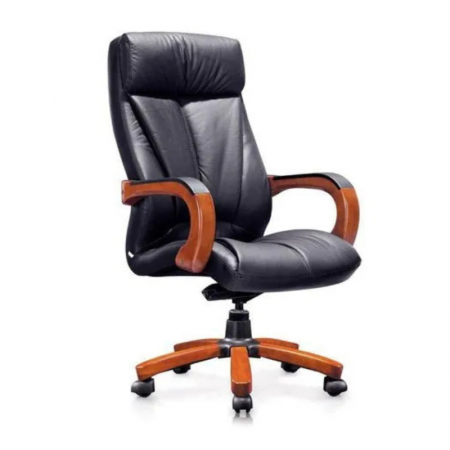 Fauteuil de direction – Cuir de luxe, base en bois, dossier haut