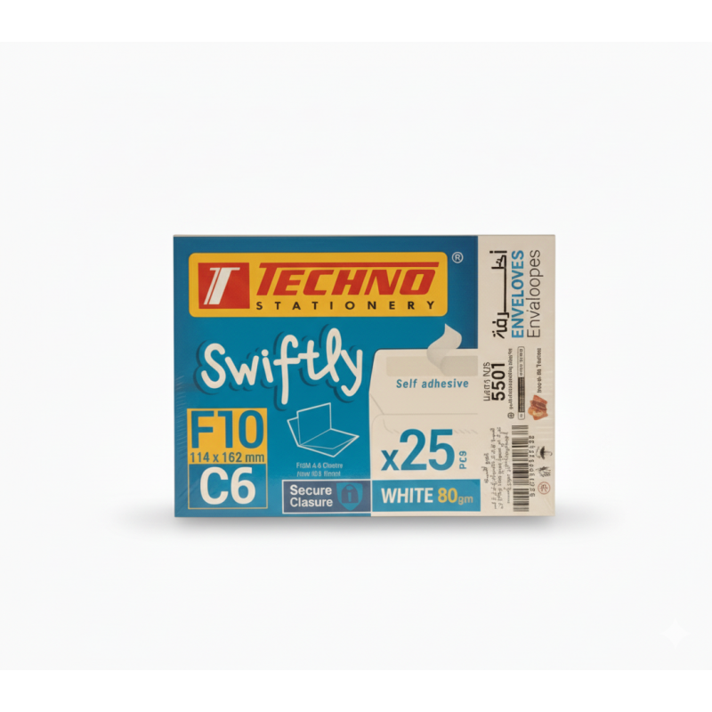 أظرفة تكنو إف 10 مقاس سي 6 - عبوة 25 قطعة - إغلاق ذاتي